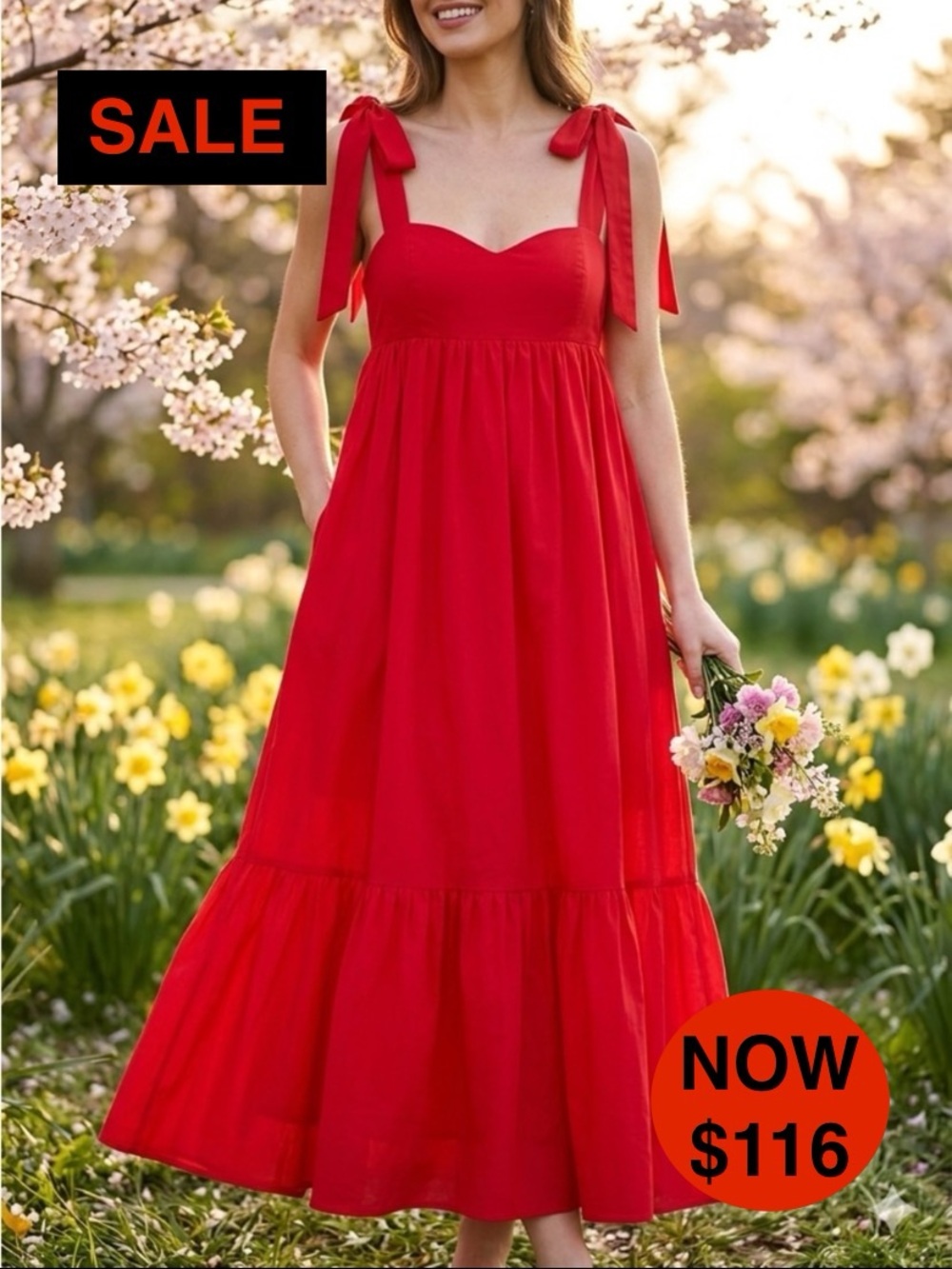H&M Bright Red Voluminous Babydoll Tiered Maxi Crepe Dress - XS EUC WORN ONCE!